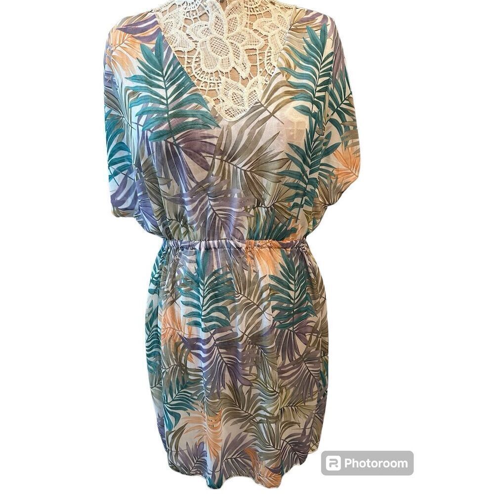 SHEIN Women's Tropical Print Short Sleeve Cover-Up Dress Multicolor V-Neck